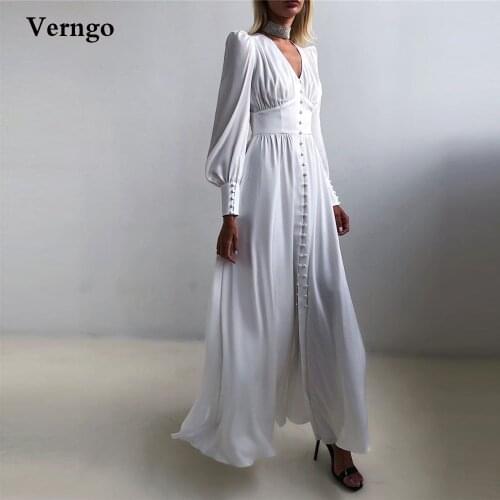Verngo Women White Formal Evening Dresses Long Sleeves Buttons V Neck Ankle Length Party Dress Modest Lady Simple Daily Cloth