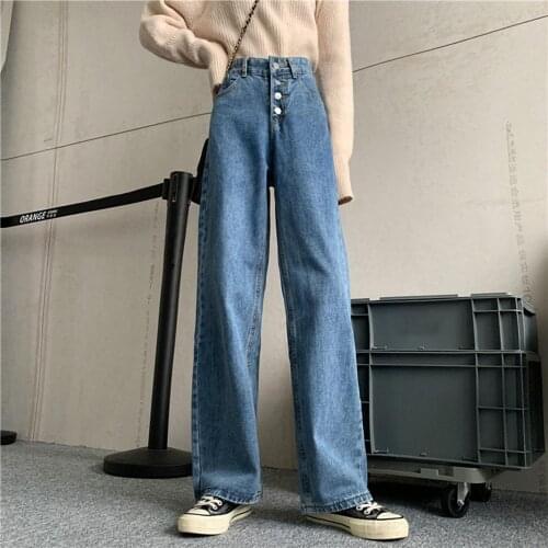 Casual Women High Waist Button Wide Leg Trousers Pockets Solid Color Pants Jeans