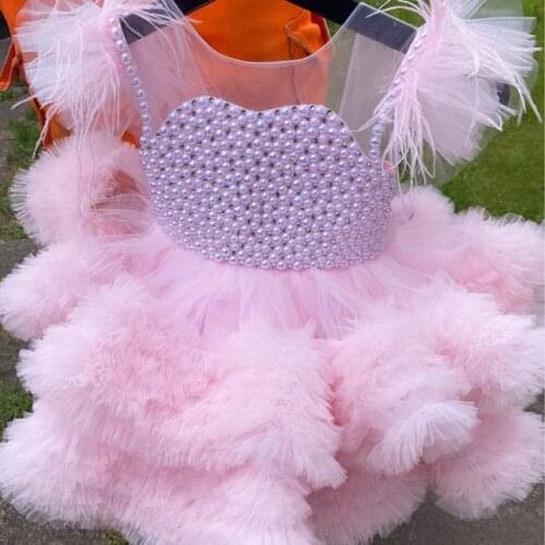 2 years old girls birthday party puffy dresses luxury pink kid girls celebration pearl puffy princess infant girl dresses custom
