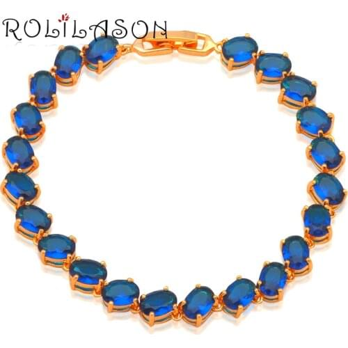 ROLILASON Luxury Bracelets for Women Zircon Gold Tone Blue Crystal Charm bracelets Health Fashion jewelry TB840