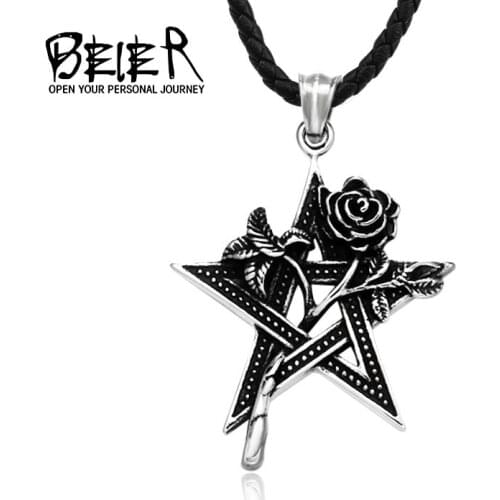 Vintage Five-pointed Star Rose Flower Pendant Stainless Steel Necklace For Men Women Jewelry Wholesale Gifts