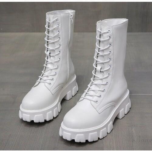 Women Long Boots Mid Calf Autumn Winter Shoes Platform Lace Up PU Woman Vogue Plus Size Footwear Female Comfort Botas