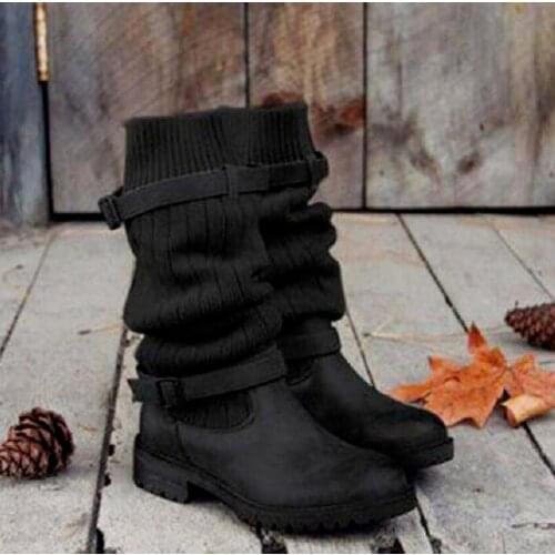 Newest Womens Boots Buckle Strap High Quality Knee Length Round Toe Med Heel Modern Boots for Ladies Zapatos De Mujer