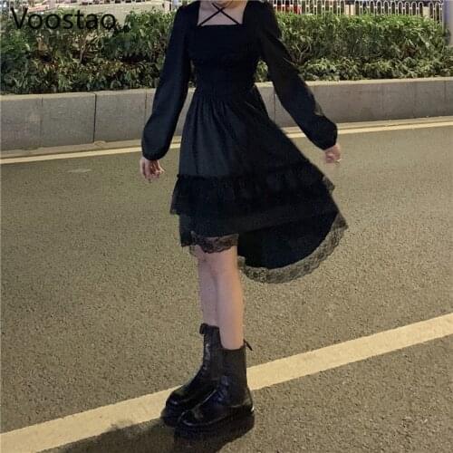 Japanese Gothic Lolita Dress Women Victorian Cross Square Collar Lace Ruffles Black Dress Girls Punk Puff Sleeve Irregular Dress