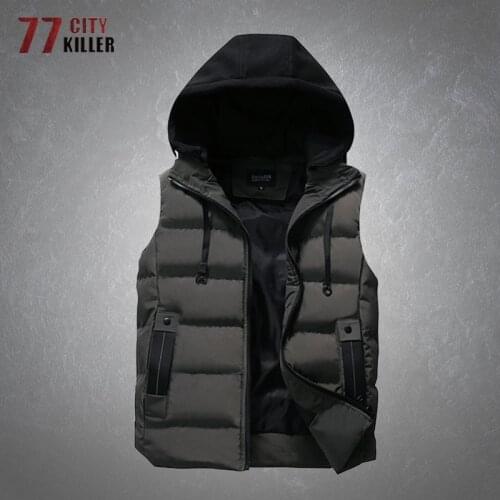 Mens Vest Jacket Winter Thicken Warm Waterproof Hooded Sleeveless Parkas Male Fashion Casual Solid Color Zipper Vest Waistcoat
