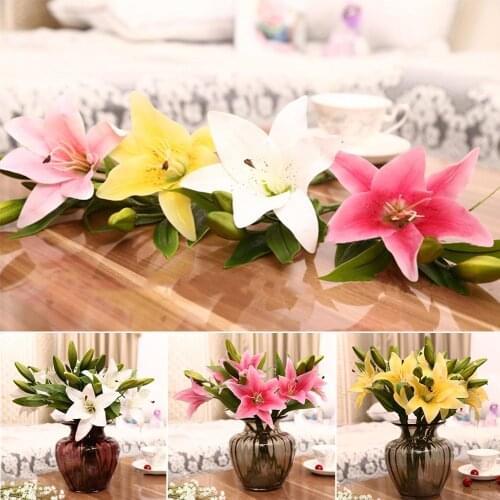 1Pc 3 Heads Real Touch Sweet Artificial Lily Flores Wedding Bridal Fake Flowers Bouquet Plants Home Party Decor for Display