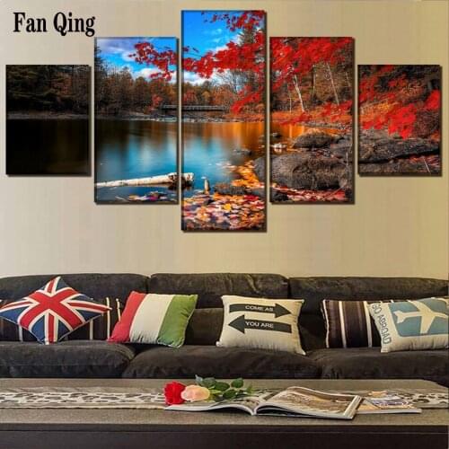 5pcs/set DIY 5D Full square/round Diamond Painting Rhinestones diamond Embroidery Beautiful Bridge Fall Lake Leaf Rock Tree