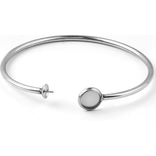 60mm Stainless Steel Open Cuff Flexible Bracelet Findings Double Circle Bezel Pearl Pin Bangle Settings Base DIY NO Fade