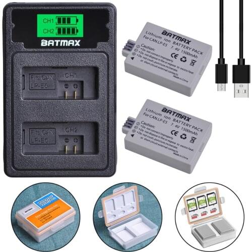 Batmax 2pcs LP-E5 LPE5 Battery with box+LCD Dual Charger with Type C Port for Canon EOS 450D 500D 1000D Kiss X3 Kiss F Rebel Xsi