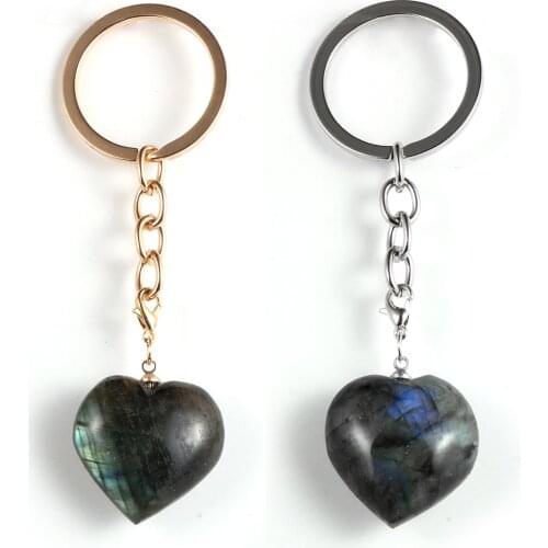 Fashion BOHO Love Heart Statement Labradorite Pendant Keychain For Women Girls Natural Moonstone Key Chain Ring Couple Jewelry