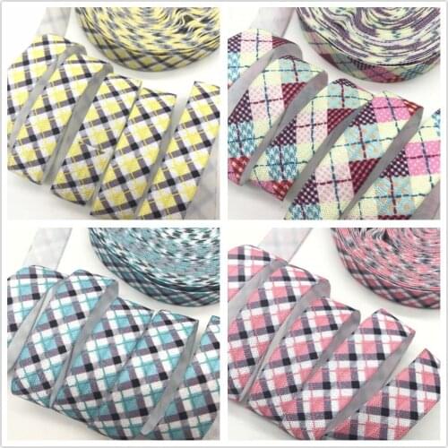 5Yards 16mm Geometric Plaid printed Fold over elastic Handmade elastic bands Baby Girl Hair accessories