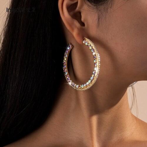 IngeSight.Z Luxury Stylish Shiny Rainbow Rhinestone Crystal Large Hoop Earrings Bling Big Loop Earrings for Women Girls Jewelry