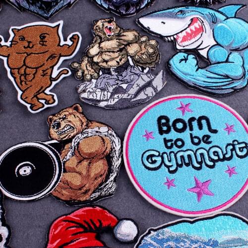 Gym Animal Bear Cat Shark Patch Embroidery Patches On Clothes DIY Punk Clothes Stripes Orangutan Iron on Patches for clothes