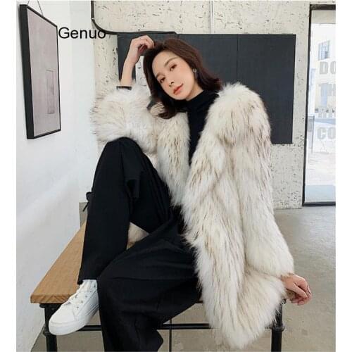 Autumn Winter Faux Fox Fur Coat Women Fashion Warm Slim Faux Raccoon Fur Overcoat Womens Casual Jacket 2020 New Casaco Feminino