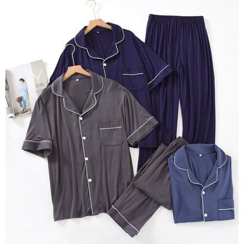 Mens Pyjama Modal Summer Thin Short-sleeved Trousers Large Size Loose Youth Cardigan Sleepwear Mens Sets Ensembles Homme