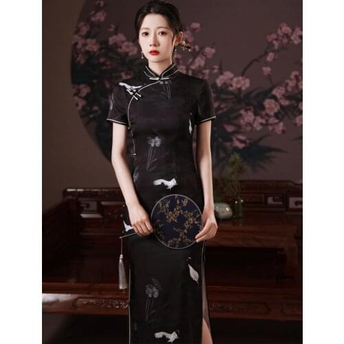 Chinese Dress Woman Black Plus Large Size Qipao Printing Satin Cheongsam New 2021 Long Cheongsam Dress Traditional Retro Qipao D