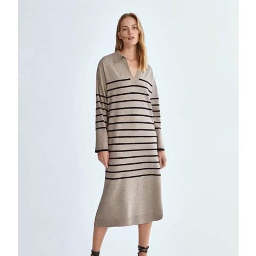 Nlzgmsj Za Women 2021 Fashion Casual Loose Striped Autumn Knitted Dress Female Lapel Long Sleeve Pullover Dress Women 202108