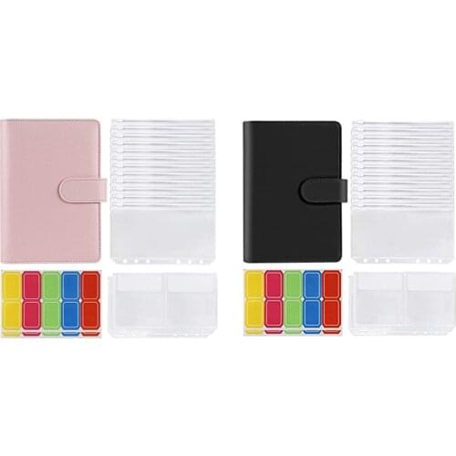 PPYY-2 Set 14 Binder Bags A6 with Leather Binder Cover, 6 Rings Budget Binder with Cash Envelope, Pink & Black