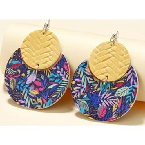 2021 Wholesale Leather Stitching Seaweed Flower Pattern Straw Mat Pattern Earrings PU Print Earrings for Women Girl Gift
