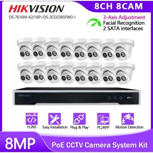 Hikvision Security CCTV System Kit 16CH NVR DS-7616NI-K2/16P 8 MP Network Turret Camera DS-2CD2385FWD-I H.265 IP67 POE IP Webcam