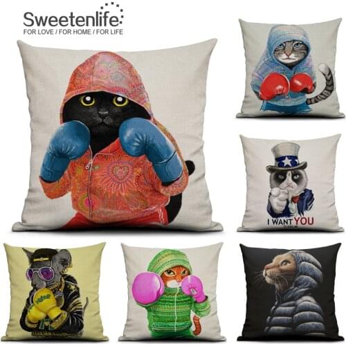 Sweetenlife 45x45cm Cute Cartoon Cushion Cover Cat Boxer Decorative Throw Pillows Linen Fabric Cushion For Chair Drop Shipping