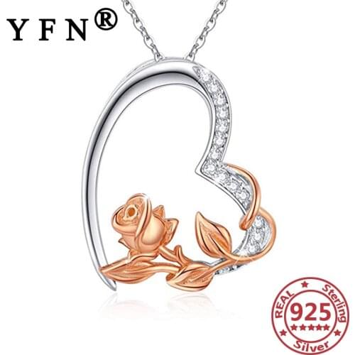 YFN 925 Sterling Silver Rose Pendant Necklace Crystal Zircon Necklace 925 Silver Chains Valentines Day Gift Mothers Day Gifts