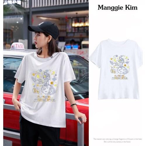Large Size Womens Short-sleeved T-shirt Harajuku Bf Student Ladies Printing Round Neck Pullover Top Free Shipping