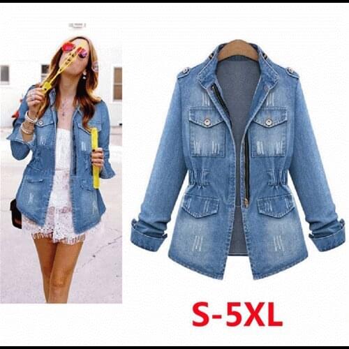 High Quality Denim Jackets Women Long Sleeve Jeans Tight Waist Coat Casual Denim Outwear Tops Plus Size 5XL Veste Femme
