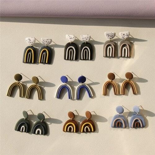 AOMU 2020 New Bohemia Clay Chic Geometric Multilayer Line Mixed Dark Color Handmade Hook Drop Earrings for Women Vintage Jewelry