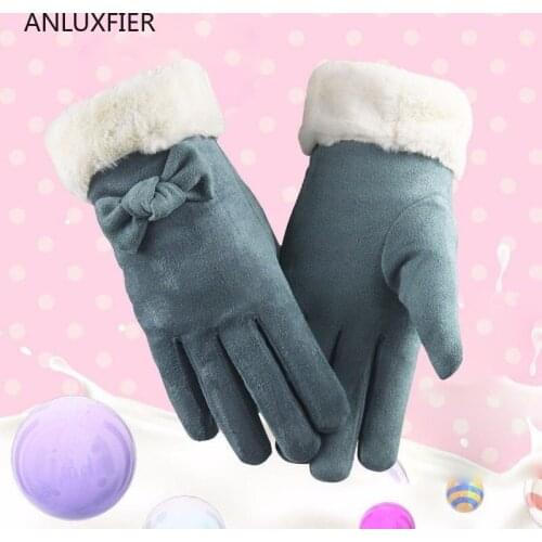H9879 Women Warm Gloves Autumn Winter Outdoor Driving Thermal Velvet Touch Screen Hand Muff Ladies Suede Bowknot Sweet Mittens