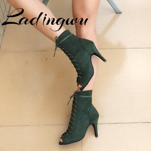 LD Top Sale Jazz Salsa Ballroom Latin Dance Shoes Heel For Dancing Women Training Ladies Boot ArmyGreen Spring and Summer Boots