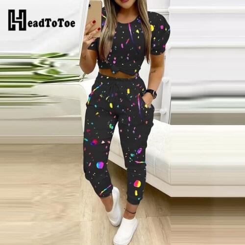 Colorblock Puff Sleeve Crop Top & Pocket Design Drawstring Pants Set Women Two Piece Set
