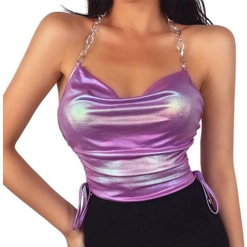 Womens Neck-Hanging Top Tops Wrapped Vest Slimming Sleeveless Pleated Drawstrings Hollow Twist Chain Party Shirt