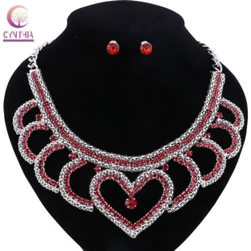 Red heart crystal Women Gold color boho fashion jewelry sets for party wedding with earrings statement necklace Trendy necklace