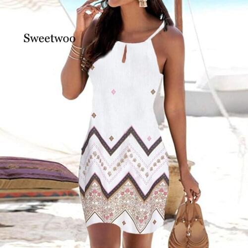 Women Halter Neck Boho Print Dress Sleeveless Mini Beachwear Sundress Plus Size Mini Dress 2020