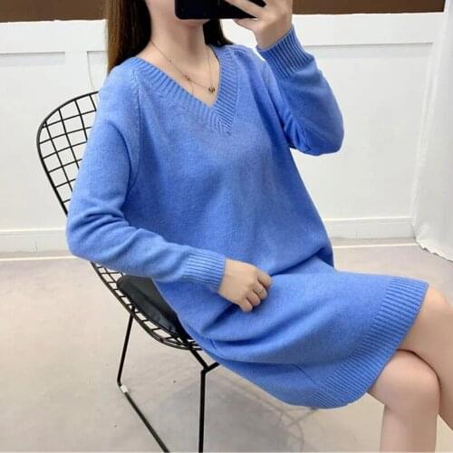Autumn Winter Women Sweater Dress Sets Casual Elegant Long Sleeve Tops Knitted Dresses V-Neck Pullover Mid-Length Clothes Female