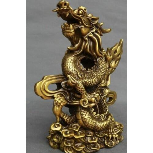 11" Chinese Pure Bronze Fengshui Zodiac Year Fly Dragon Loong Animal Statue