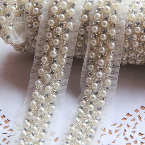 2Yards Pearl Rhinestone Beaded Lace Trim Mesh Crystal Claw Trim Chain Wedding Dress Decoration