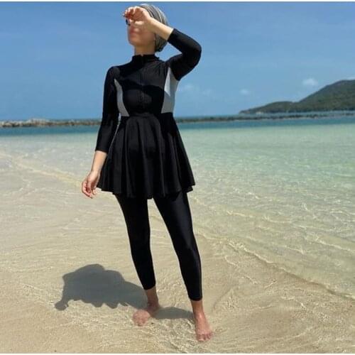 2021 Simple Design Bra Padding Modest Patchwork Hijab Long Sleeves Sport Swimsuit 3pcs Islamic Burkinis Wear Bathing Suit