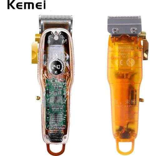 Kemei Cordless Transparent Hair Clipper for Beginner Salon Fade Hair Cutter Beard Trimmer Razor LED Display Grooming Kit