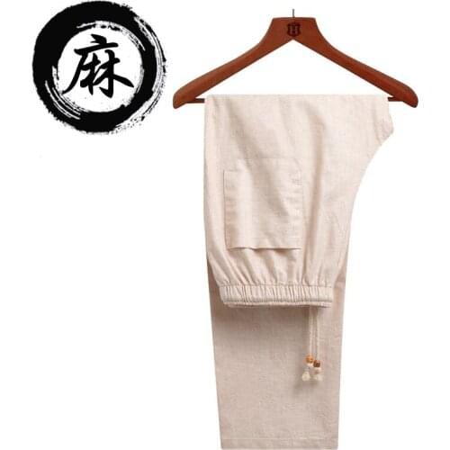 Chinese Tang Suit MenS Pants Linen Casual Pants Cotton Linen Pants Spring Summer Coarse Linen Plus Size Middle-Aged Trousers
