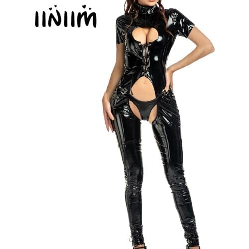Women Latex Bodysuit Underwear Sexy Lingerie Lace-up Patent Leather Jumpsuits High Neck Short Sleeve Crotchless Skinny Catsuit