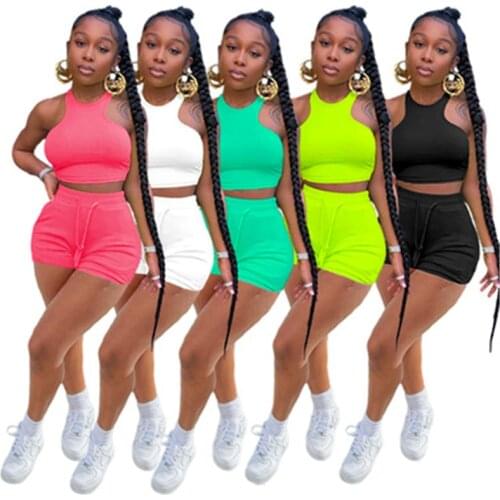 Adogirl Women Solid Two Piece Set Summer Tracksuit Sleeveless Vest Crop Top Lace Up Elastic Waist Shorts Casual Sporty Suit