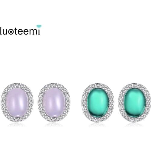 LUOTEEMI New Arrival Wedding Engagement Pink Green Oval Cut Cubic Zirconia Stud Earrings For Women Girl Fashion Jewelry Gift