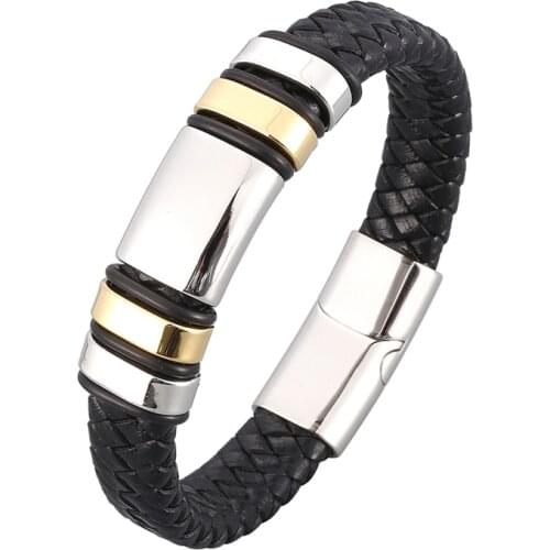 Fashion Men Jewelry Black Braided Leather Wrist Bracelet Magnetic Buckle Bangles Punk Rock Accessories Male Wristband SP0988