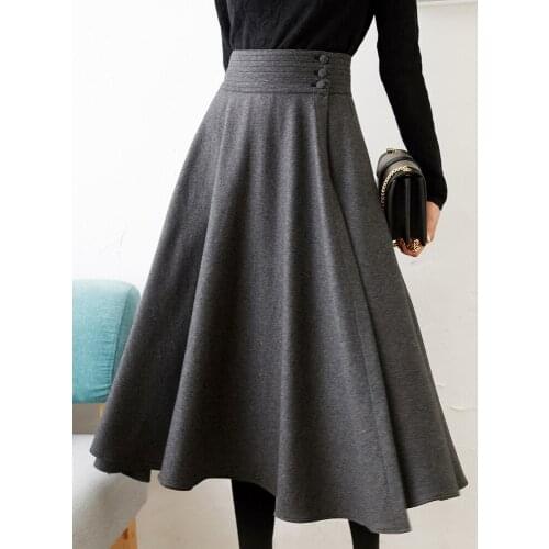 Wool Large swing New A line skirt woolen thickened and versatile over the knee mid length high waist skirt winter women