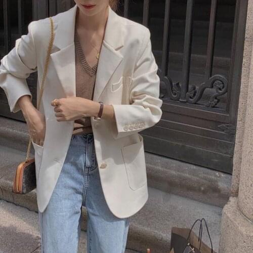 2021 New Womens Korean Fashion Single-breasted Blazer Spring Autumn Office Lady Casual Loose Notched Solid Slim Outwear