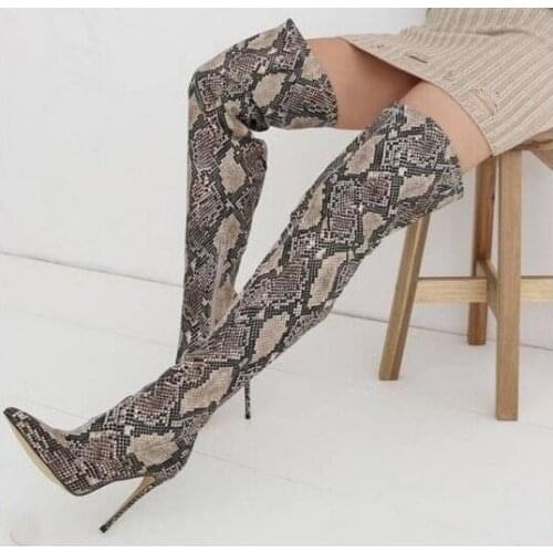 Spring New Brand Woman Python Snake Skin Pu Stiletto Heels Pointed Toe Slim Over The Knee Thigh Long Boots Burgundy Plus Size