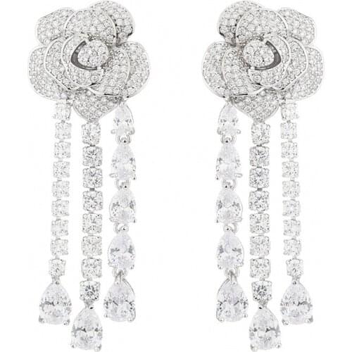 CIZEVA New Fashion Ladies Tassel Earrings Noble 925 Sterling Silver Cubic Zirconia Flower Pendant Long Earrings Wedding Jewelry