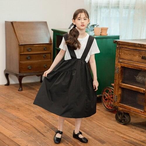 Teen Girls Clothing Sets Summer New Kids Girls Casual Dress Suits Cotton White T-shirts+black Suspender Dress Girls Korean Sets